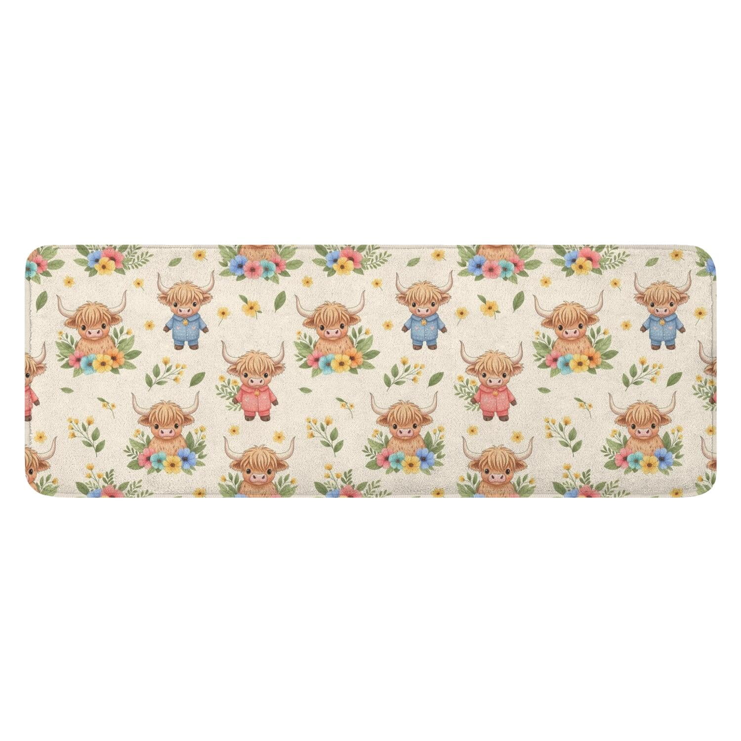 Beige Highland Cow Flower Cartoon Pattern Kitchen Rug Mat,Kitchen ...
