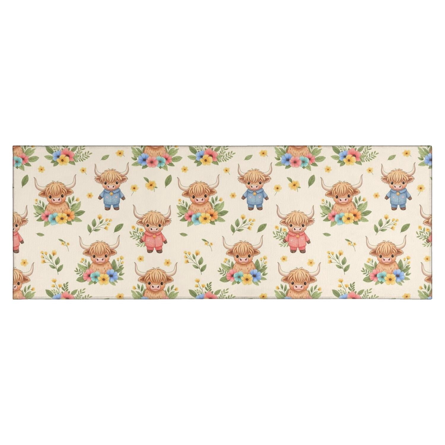 Beige Highland Cow Flower Cartoon Pattern Kitchen Rug Mat,Kitchen ...