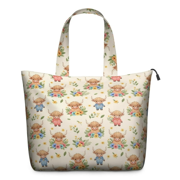 Beige Highland Cow Flower Cartoon Pattern Travel Tote Bags for Women Carry On,Large Weekender Bags for Women Travel,Multi Functional Duffle Bag for Work,Shopping,Sports