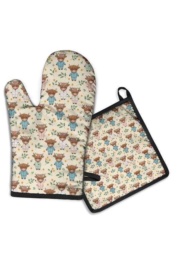 Beige Highland Cow Flower Pajama Pattern Kitchen Oven Mitt and Pot Holder Sets 2 Pcs for Baking, Cooking and Grilling, Heat Resistant Up To 392 °F