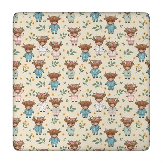 Beige Highland Cow Flower Pajama Pattern Square Fitted Tablecloth with Elastic Edge,Square Table Cover,Washable Elastic Table Cover for Home Kitchen Party Decor 34"x34"
