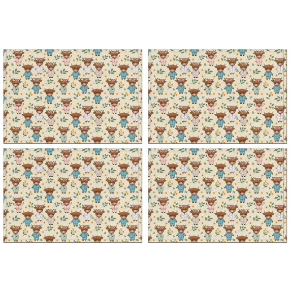 Beige Highland Cow Flower Pajama Pattern Summer Placemats Table Placemats Set Of 4-Linen Kitchen Washable Placemats Table Mats 11.8"x17.7" Non-Slip Heat Resistant
