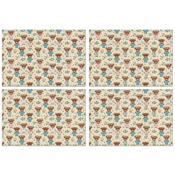 Beige Highland Cow Flower Pajama Pattern Summer Placemats Table Placemats Set Of 4-Linen Kitchen Washable Placemats Table Mats 11.8"x17.7" Non-Slip Heat Resistant