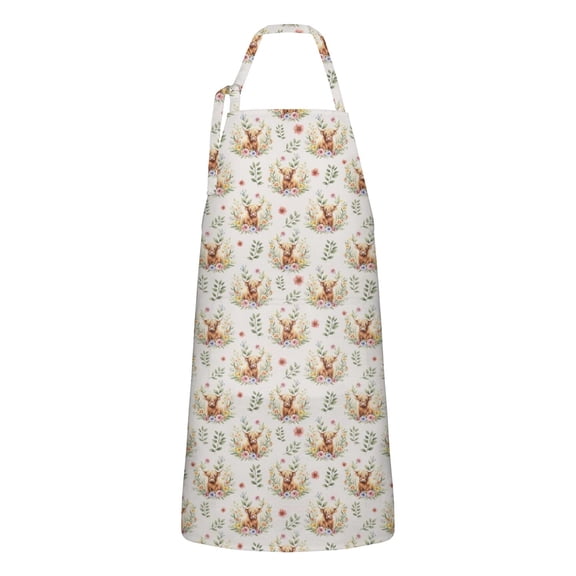 Beige Highland Cow Flower Pattern Apron-Garden Aprons for Women with Pockets-Cotton Linen Waterproof Kitchen Cooking Gardening Aprons Adjustable for Kitchen,Cooking,BBQ and Salon 33x27 Inch