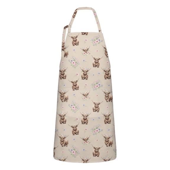 Beige Highland Cow Flower Pattern Apron-Garden Aprons for Women with Pockets-Cotton Linen Waterproof Kitchen Cooking Gardening Aprons Adjustable for Kitchen,Cooking,BBQ and Salon 33x27 Inch