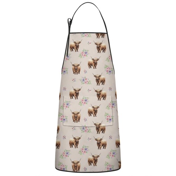 Beige Highland Cow Flower Pattern Apron-Garden Aprons for Women with Pockets-Cotton Linen Waterproof Kitchen Cooking Gardening Aprons Adjustable for Kitchen,Cooking,BBQ and Salon 33x27 Inch