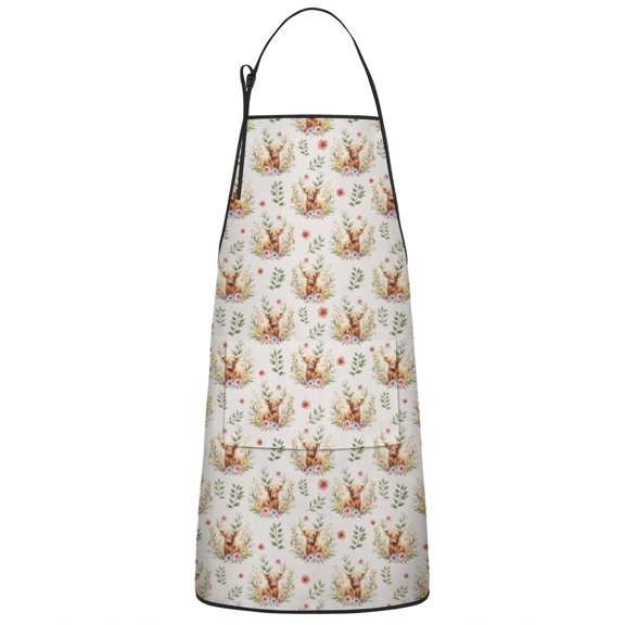 Beige Highland Cow Flower Pattern Apron-Garden Aprons for Women with Pockets-Cotton Linen Waterproof Kitchen Cooking Gardening Aprons Adjustable for Kitchen,Cooking,BBQ and Salon 33x27 Inch