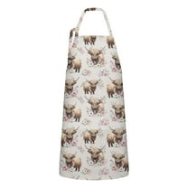 Beige Highland Cow Flower Pattern Apron-Garden Aprons for Women with Pockets-Cotton Linen Waterproof Kitchen Cooking Gardening Aprons Adjustable for Kitchen,Cooking,BBQ and Salon 33x27 Inch