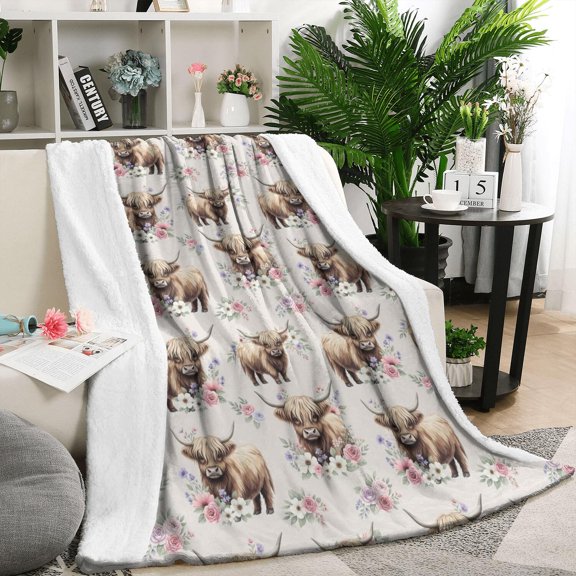 Beige Highland Cow Flower Pattern Blanket,Comfortable Soft Lamb Wool Throw Blanket,All Season,Warm Lightweight Blankets for Sofa Bed Couch Living Room Chair,50"x60"