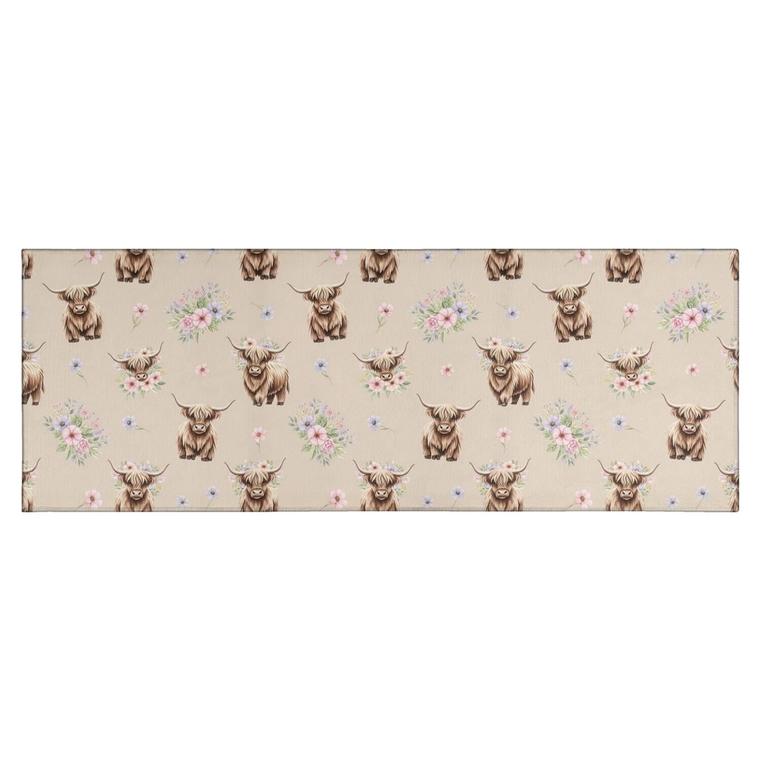 Beige Highland Cow Flower Pattern Kitchen Rug Mat,Kitchen Runner Rugs ...
