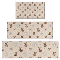 Beige Highland Cow Flower Pattern Kitchen Rugs Sets Of 3,Kitchen Runner Rugs Non Skid Washable,Decorative Kitchen Floor Mats for Kitchen,Sink,Laundry,17"x30"  17"x47"   17"x59"