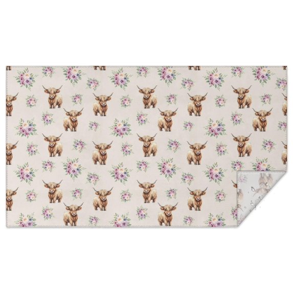 Beige Highland Cow Flower Pattern Rectangle Tablecloth 60"x102",Waterproof Polyester Rectangle Table Cloth, Wipeable Spillproof Polyester Tablecloth for Dining, Camping, Indoor and Outdoor