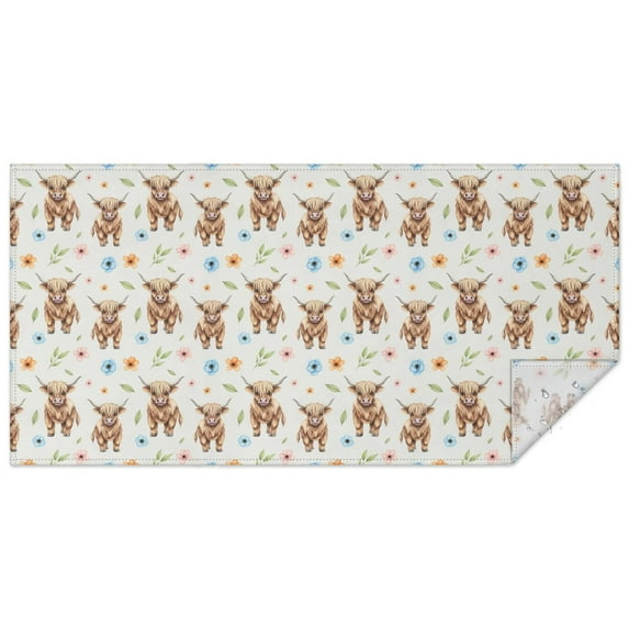Beige Highland Cow Flower Pattern Rectangle Tablecloth 60"x120",Waterproof Polyester Rectangle Table Cloth, Wipeable Spillproof Polyester Tablecloth for Dining, Camping, Indoor and Outdoor