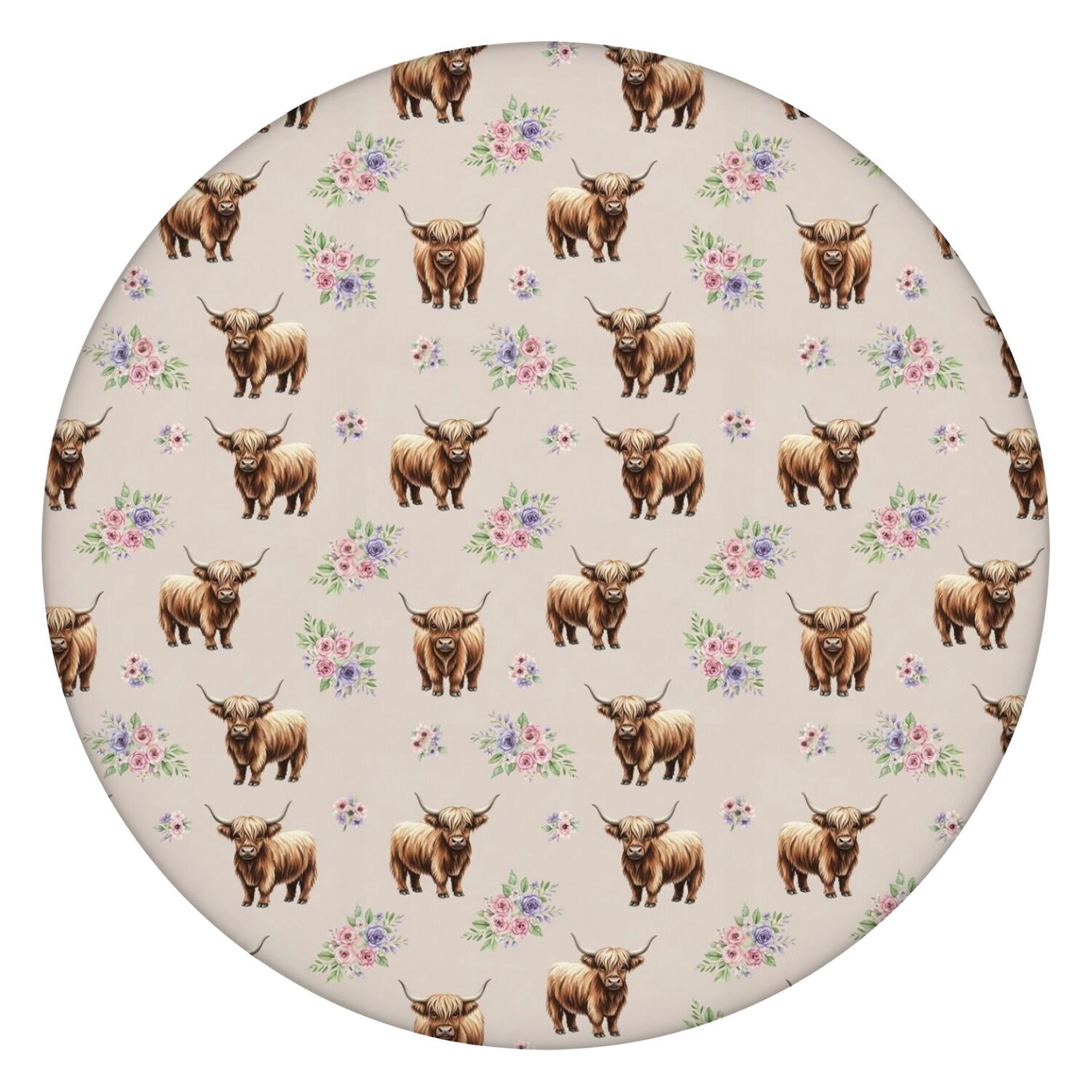 Beige Highland Cow Flower Pattern Round Fitted Tablecloth with Elastic ...