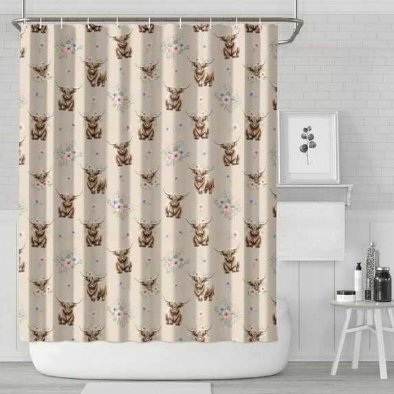 Beige Highland Cow Flower Pattern Shower Curtain 72"x84" ,Bathroom Decorative Shower Curtains Set with 12 Hooks,Modern Waterproof Washable Shower Curtain