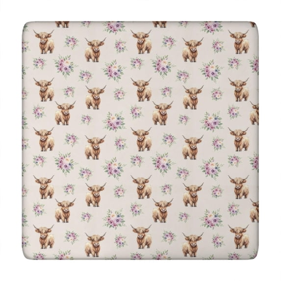 Beige Highland Cow Flower Pattern Square Fitted Tablecloth with Elastic Edge,Square Table Cover,Washable Elastic Table Cover for Home Kitchen Party Decor 34"x34"