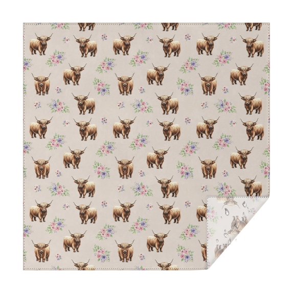 Beige Highland Cow Flower Pattern Square Tablecloth,Waterproof Square Table Cover,Wipeable Spillproof Washable Table Cover for Home Kitchen Party Decor 42"X42"(107x107cm)