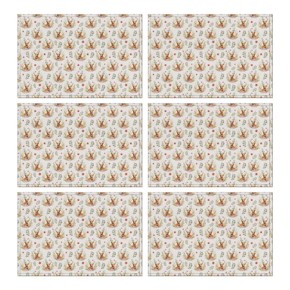 Beige Highland Cow Flower Pattern Summer Placemats Table Placemats Set Of 6-Linen Kitchen Washable Placemats Table Mats 11.8"x17.7" Non-Slip Heat Resistant