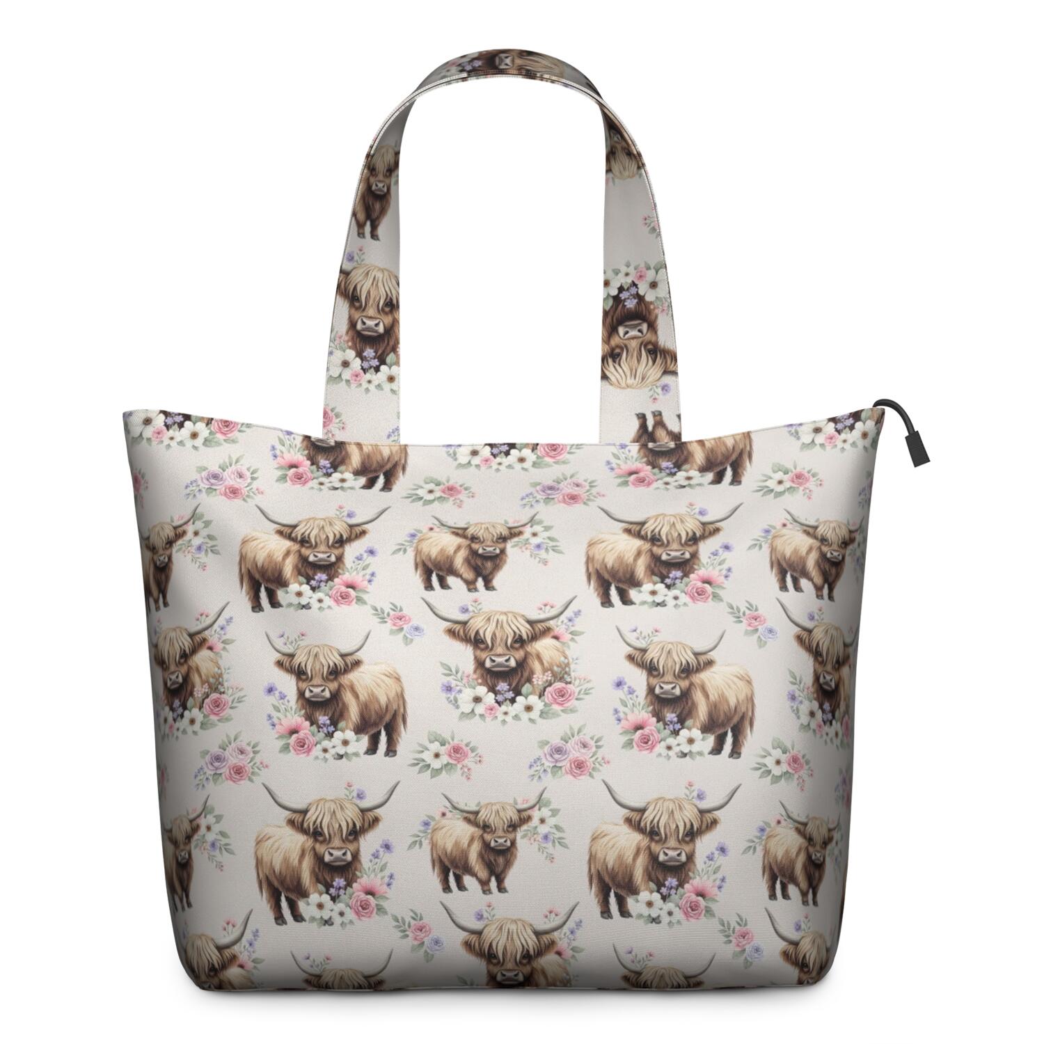 Beige Highland Cow Flower Pattern Travel Tote Bags for Women Carry On,Large Weekender Bags for Women Travel,Multi Functional Duffle Bag for Work,Shopping,Sports
