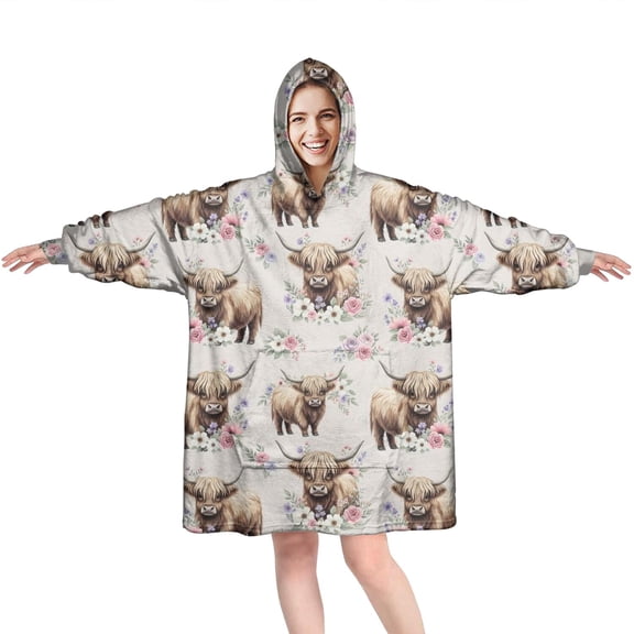 Beige Highland Cow Flower Pattern Wearable Oversized Blanket,Wearable Blanket Hoodie for Adults,Cozy Hooded Blankets with Super Pockets,Super Warm Fuzzy Pullover for Women & Men
