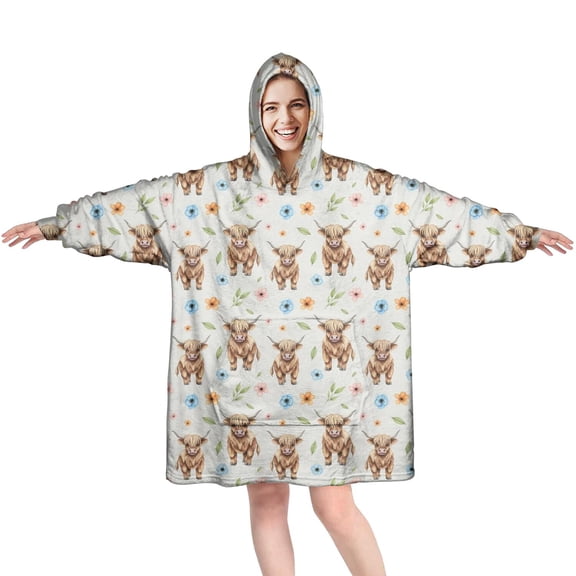 Beige Highland Cow Flower Pattern Wearable Oversized Blanket,Wearable Blanket Hoodie for Adults,Cozy Hooded Blankets with Super Pockets,Super Warm Fuzzy Pullover for Women & Men