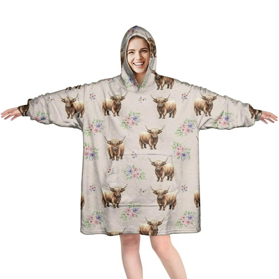 Beige Highland Cow Flower Pattern Wearable Oversized Blanket,Wearable Blanket Hoodie for Adults,Cozy Hooded Blankets with Super Pockets,Super Warm Fuzzy Pullover for Women & Men