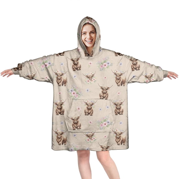 Beige Highland Cow Flower Pattern Wearable Oversized Blanket,Wearable Blanket Hoodie for Adults,Cozy Hooded Blankets with Super Pockets,Super Warm Fuzzy Pullover for Women & Men