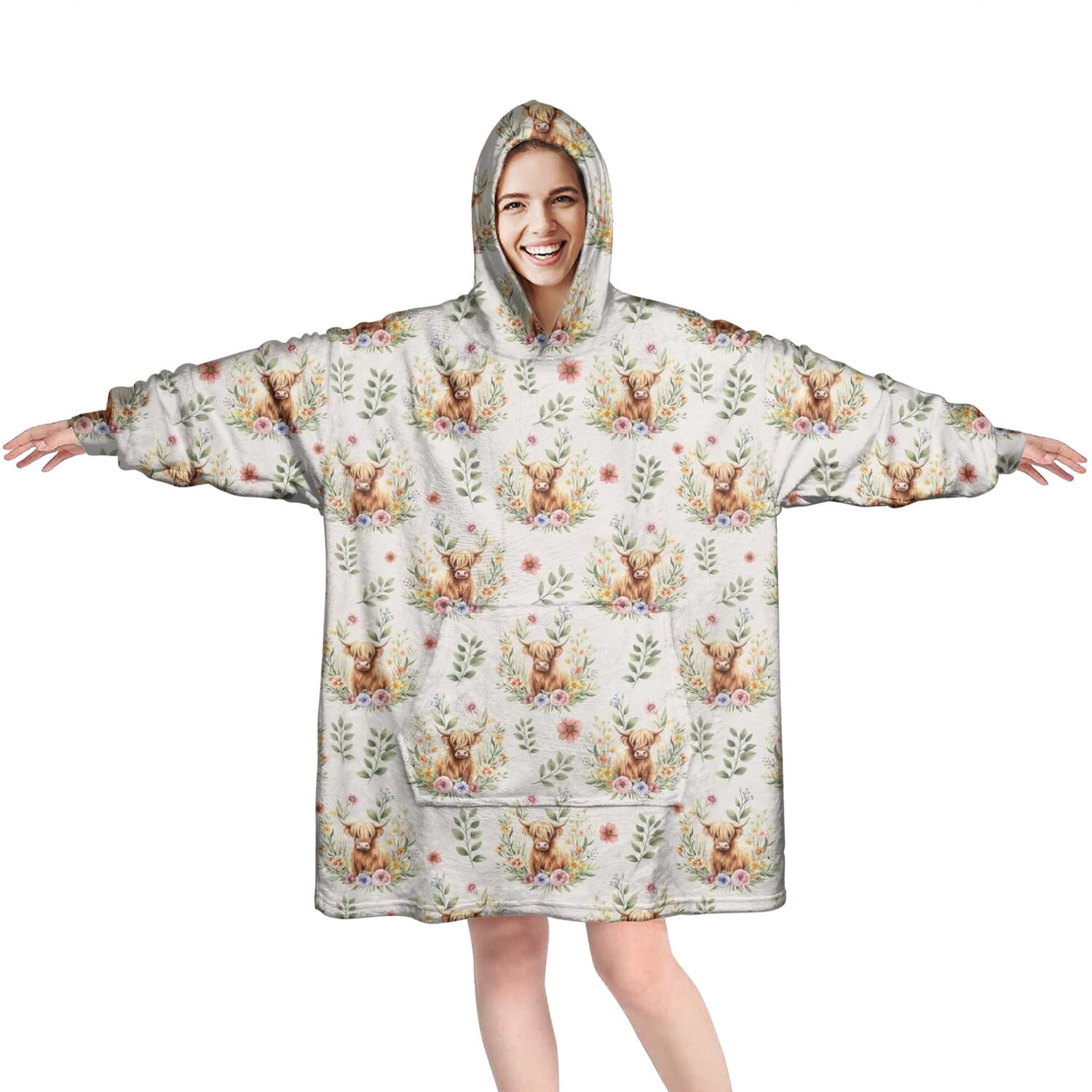 Beige Highland Cow Flower Pattern Wearable Oversized Blanket,Wearable Blanket Hoodie for Adults,Cozy Hooded Blankets with Super Pockets,Super Warm Fuzzy Pullover for Women & Men