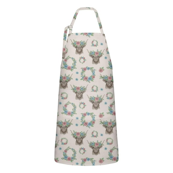 Beige Highland Cow Flower Wreath Pattern Apron-Garden Aprons for Women with Pockets-Cotton Linen Waterproof Kitchen Cooking Gardening Aprons Adjustable for Kitchen,Cooking,BBQ and Salon 33x27 Inch