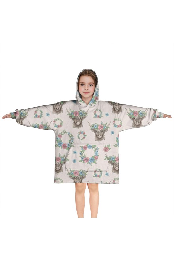 Beige Highland Cow Flower Wreath Pattern Blanket Hoodies for Kids 6-13YR Oversize Wearable Blanket Hoodies for Boys Girls Teens