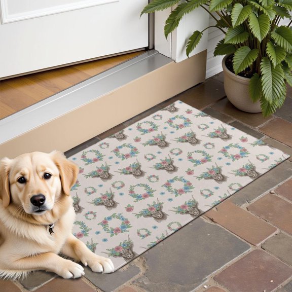 Beige Highland Cow Flower Wreath Pattern Door Rugs,Washable Non Slip Door Mats Indoor,Decorative Door Mats,Entry Mat Indoor for Entrance,Bedroom,Kitchen,Bathroom,16"x24"