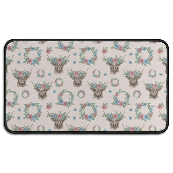 Beige Highland Cow Flower Wreath Pattern Door Rugs,Washable Non Slip Door Mats Indoor,Decorative Door Mats,Entry Mat Indoor for Entrance,Bedroom,Kitchen,Bathroom,30"x17"