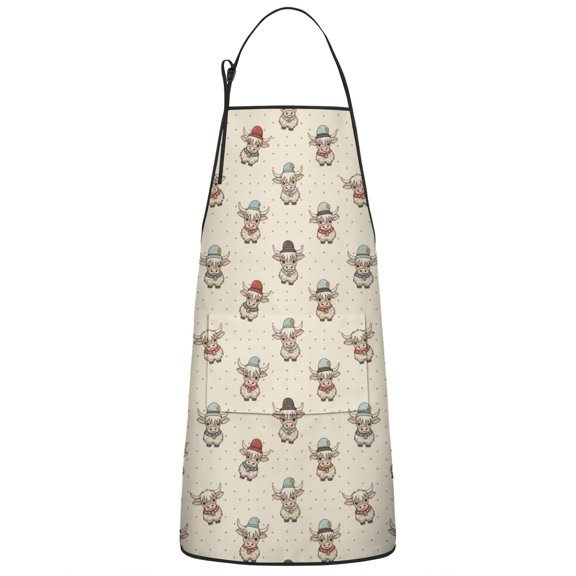 Beige Highland Cow Hat Scarf Pattern Apron-Garden Aprons for Women with Pockets-Cotton Linen Waterproof Kitchen Cooking Gardening Aprons Adjustable for Kitchen,Cooking,BBQ and Salon 33x27 Inch