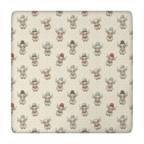 Beige Highland Cow Hat Scarf Pattern Square Fitted Tablecloth with Elastic Edge,Square Table Cover,Washable Elastic Table Cover for Home Kitchen Party Decor 34"x34"