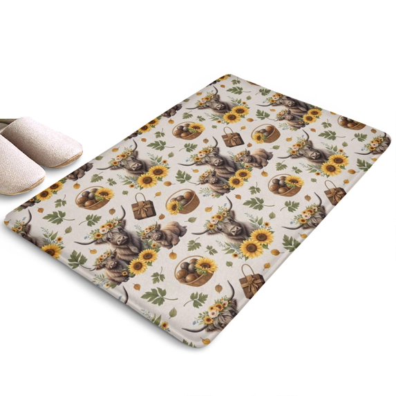 Beige Highland Cow Sunflower Basket Flannel Non Slip Door Rugs,Washable Door Mats Indoor,Decorative Door Mats,Dirt-Resistant and Absorbent Doormat for Entrance,Bedroom,Kitchen,Bathroom,31.5"x17"
