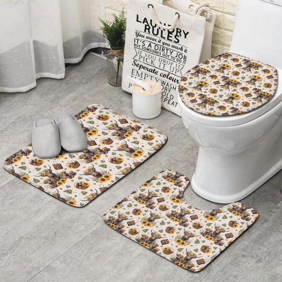 Beige Highland Cow Sunflower Basket Pattern Bathroom Rugs Sets 3 Piece,Toilet Cover Set,Absorbent Non Slip Bathroom Mats Sets with U-Shaped Contour Rug Toilet Rug Set
