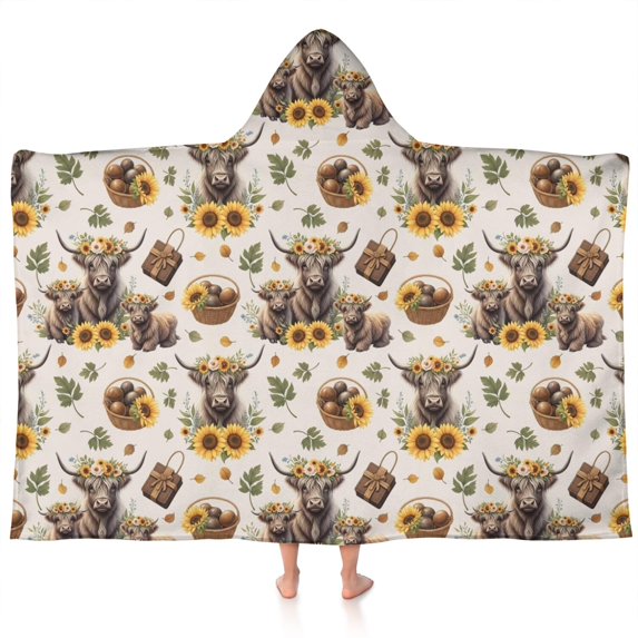 Beige Highland Cow Sunflower Basket Pattern Hooded Bath Towel,60"x35" for Ages 3 To 12 Kids, Quick Dry Lightweight Soft Microfiber Hood Beach Towel Cover Up for Kids