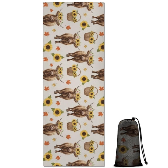 Beige Highland Cow Sunflower Basket Pattern Hot Yoga Mat Towel Non Slip for Hot Yoga - Quick-Drying Yoga Mat Cover with 4 Corner Pockets with Travel Bag - Hot Yoga Towel Non Slip 74"x26"