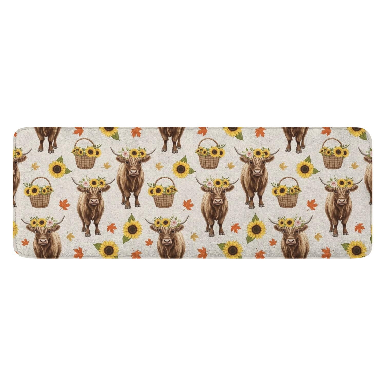 Beige Highland Cow Sunflower Basket Pattern Kitchen Rug Mat,Kitchen ...