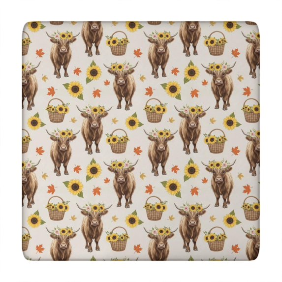 Beige Highland Cow Sunflower Basket Pattern Square Fitted Tablecloth with Elastic Edge,Square Table Cover,Washable Elastic Table Cover for Home Kitchen Party Decor 34"x34"