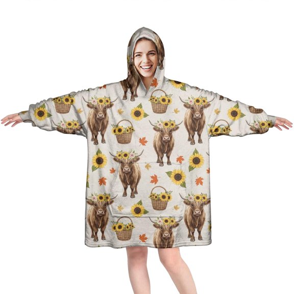 Beige Highland Cow Sunflower Basket Pattern Wearable Oversized Blanket,Wearable Blanket Hoodie for Adults,Cozy Hooded Blankets with Super Pockets,Super Warm Fuzzy Pullover for Women & Men