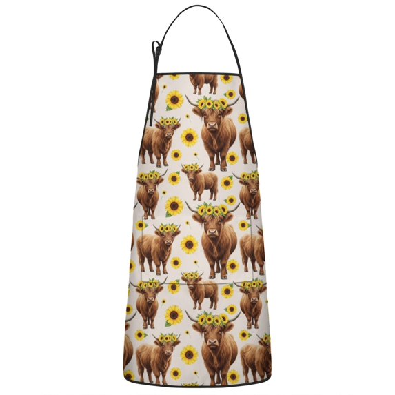 Beige Highland Cow Sunflower Pattern Apron-Garden Aprons for Women with Pockets-Cotton Linen Waterproof Kitchen Cooking Gardening Aprons Adjustable for Kitchen,Cooking,BBQ and Salon 33x27 Inch