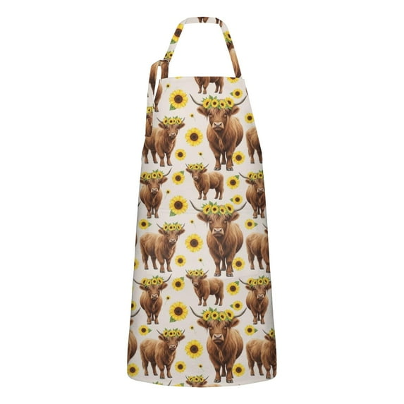 Beige Highland Cow Sunflower Pattern Apron-Garden Aprons for Women with Pockets-Cotton Linen Waterproof Kitchen Cooking Gardening Aprons Adjustable for Kitchen,Cooking,BBQ and Salon 33x27 Inch