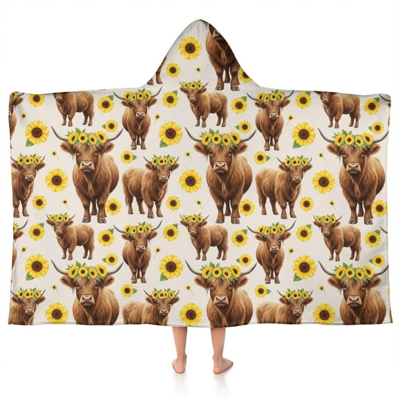 Beige Highland Cow Sunflower Pattern Hooded Bath Towel，50"x30" for Ages 3 To 12 Kids, Quick Dry Lightweight Soft Microfiber Hood Beach Towel Cover Up for Kids