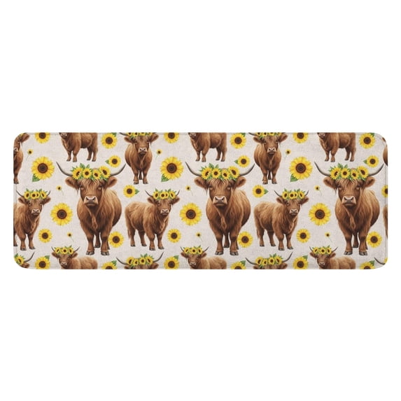 Beige Highland Cow Sunflower Pattern Kitchen Rug Mat,Kitchen Runner Rugs Non Skid Washable,Decorative Kitchen Floor Mats for Kitchen,Sink,Laundry,17"x47.2"