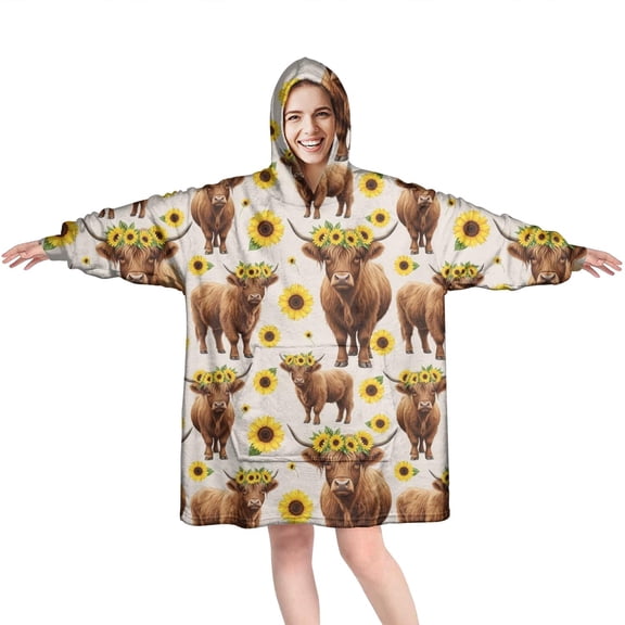 Beige Highland Cow Sunflower Pattern Wearable Oversized Blanket,Wearable Blanket Hoodie for Adults,Cozy Hooded Blankets with Super Pockets,Super Warm Fuzzy Pullover for Women & Men