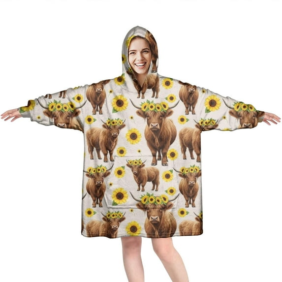 Beige Highland Cow Sunflower Pattern Wearable Oversized Blanket,Wearable Blanket Hoodie for Adults,Cozy Hooded Blankets with Super Pockets,Super Warm Fuzzy Pullover for Women & Men