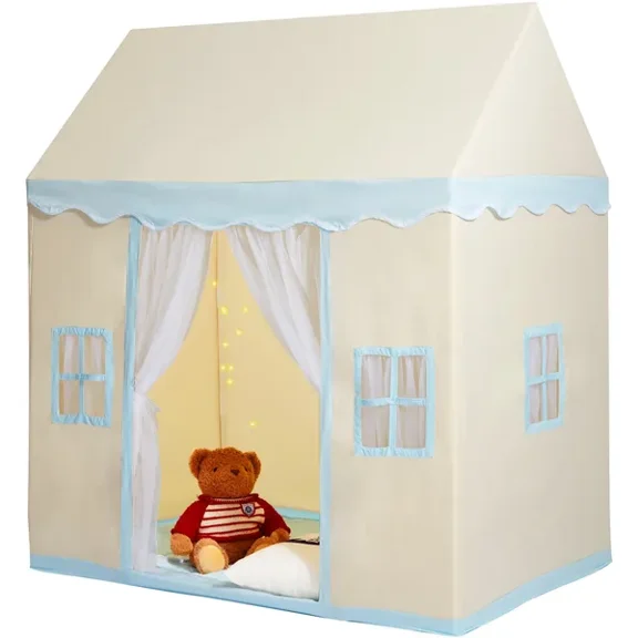 Beige Indoor Outdoor Play House Castle Tent with Mat and Windows Lamp