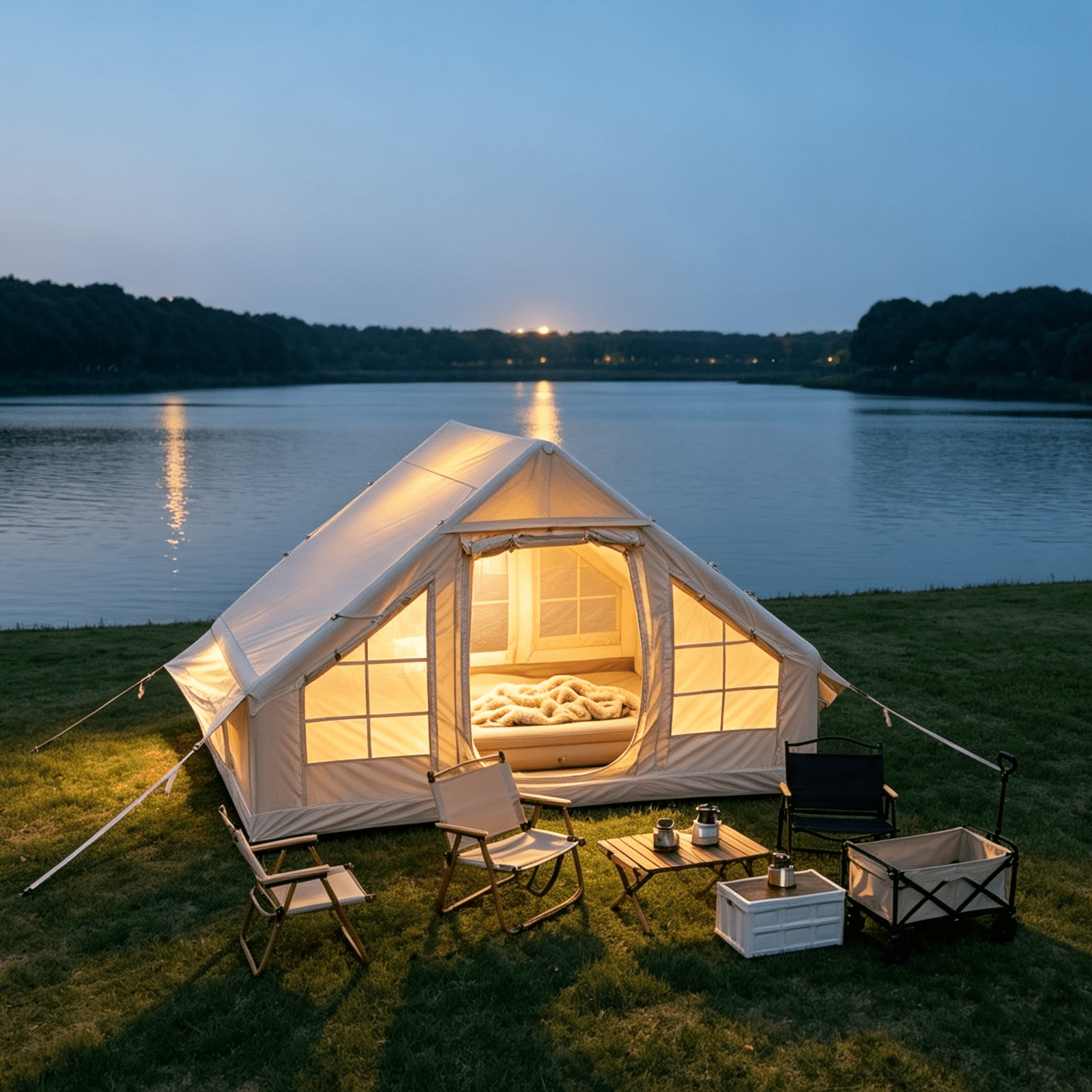 Beige Inflatable Camping Tent with Clear Skylight and Mesh Windows, 4 ...