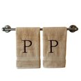 thumbnail image 1 of Beige Initial Hand Towel for Bathroom - Monogrammed Luxury Hotel Quality Decorative Towel - GOTS Organic Certified - Set of 2 Brown Letter P, 1 of 7